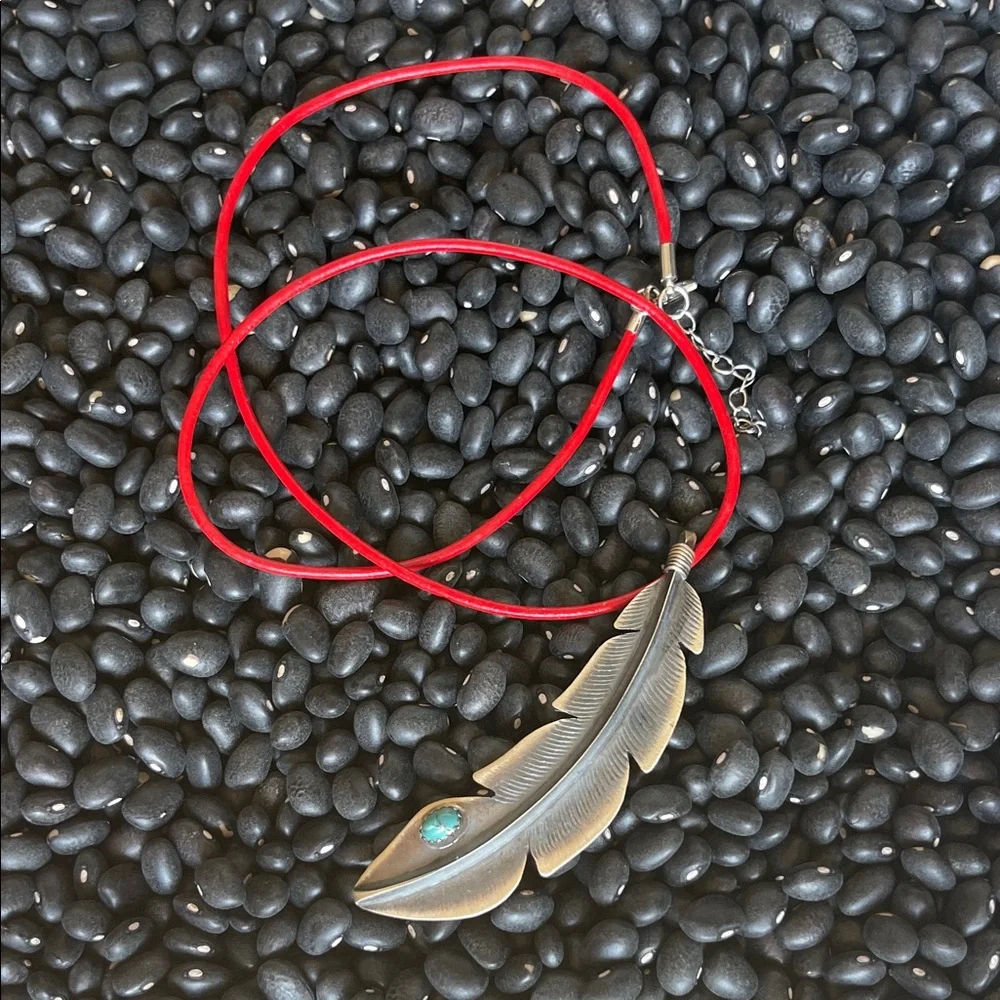 native American, Sterling, silver and turquoise Feather Pendant - Picture 3 of 7